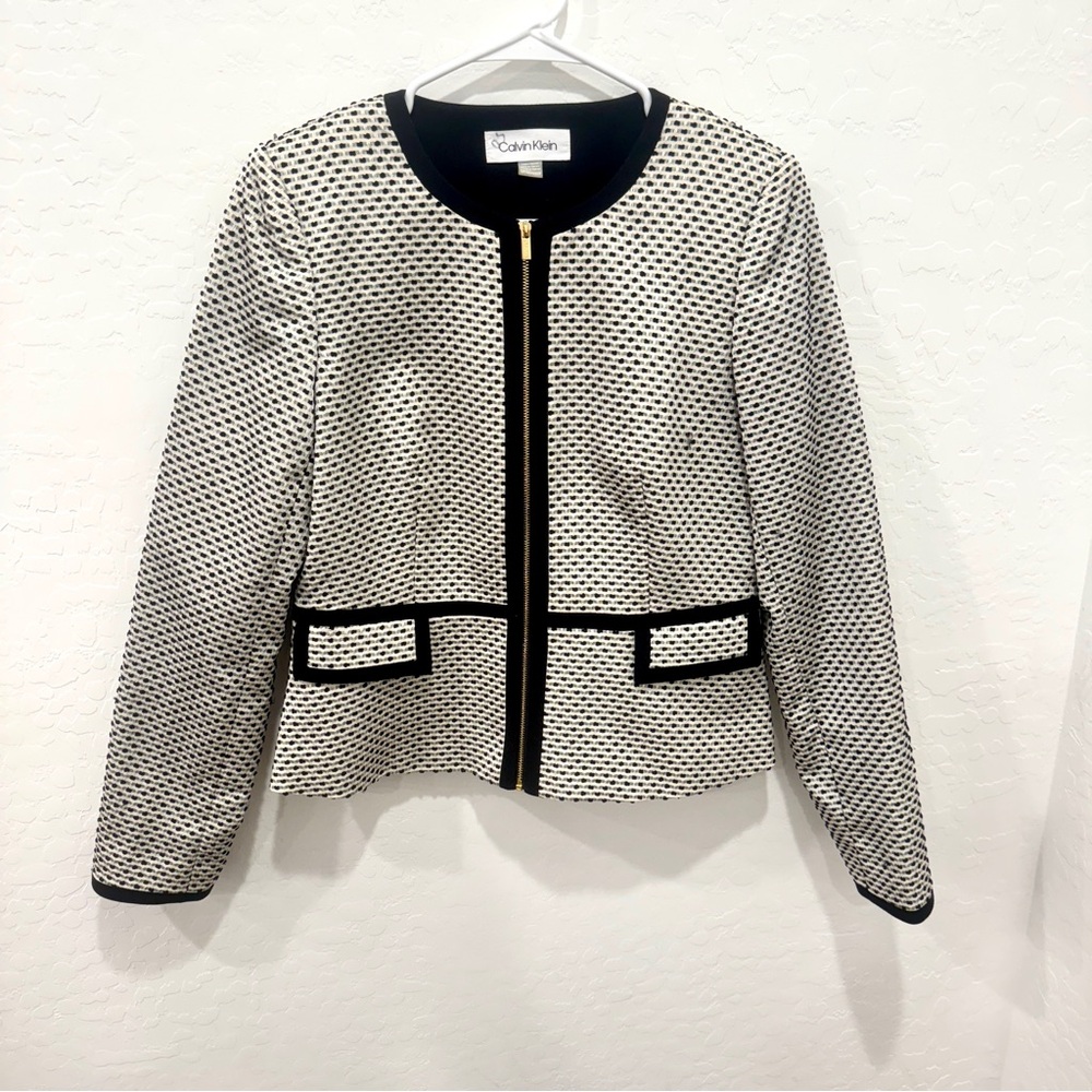 Calvin Klein Blazer Jacket Piped Front Zippered Womens 10P Black White Old Money